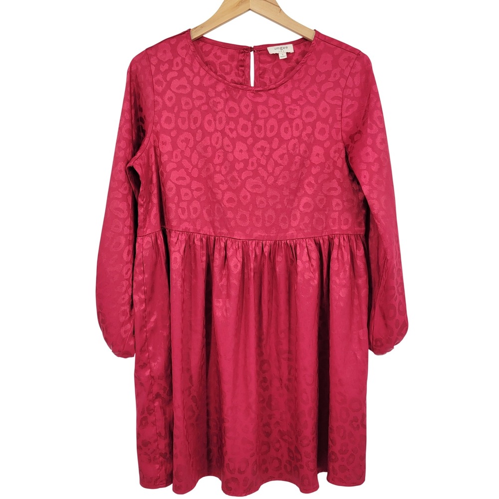 Umgee Leopard Print Babydoll Dress Womens Small Red Long Sleeve Satin Jacquard